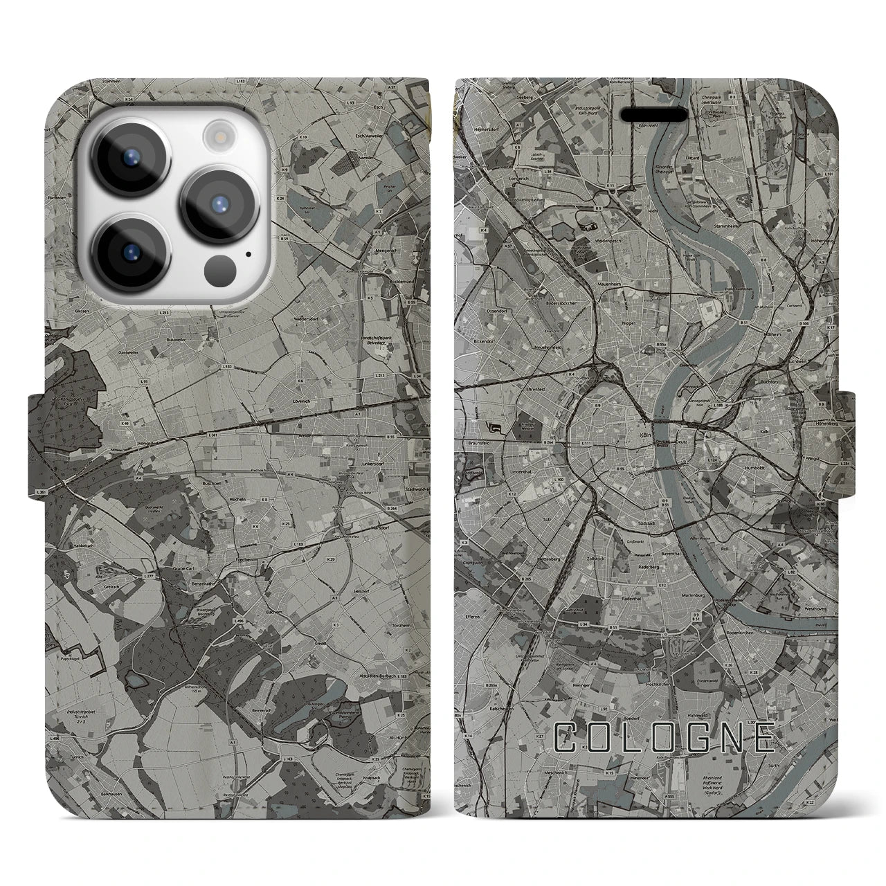 【ケルン(ドイツ)】地図柄iPhoneケース(手帳タイプ)モノトーン・iPhone 14 Pro 用