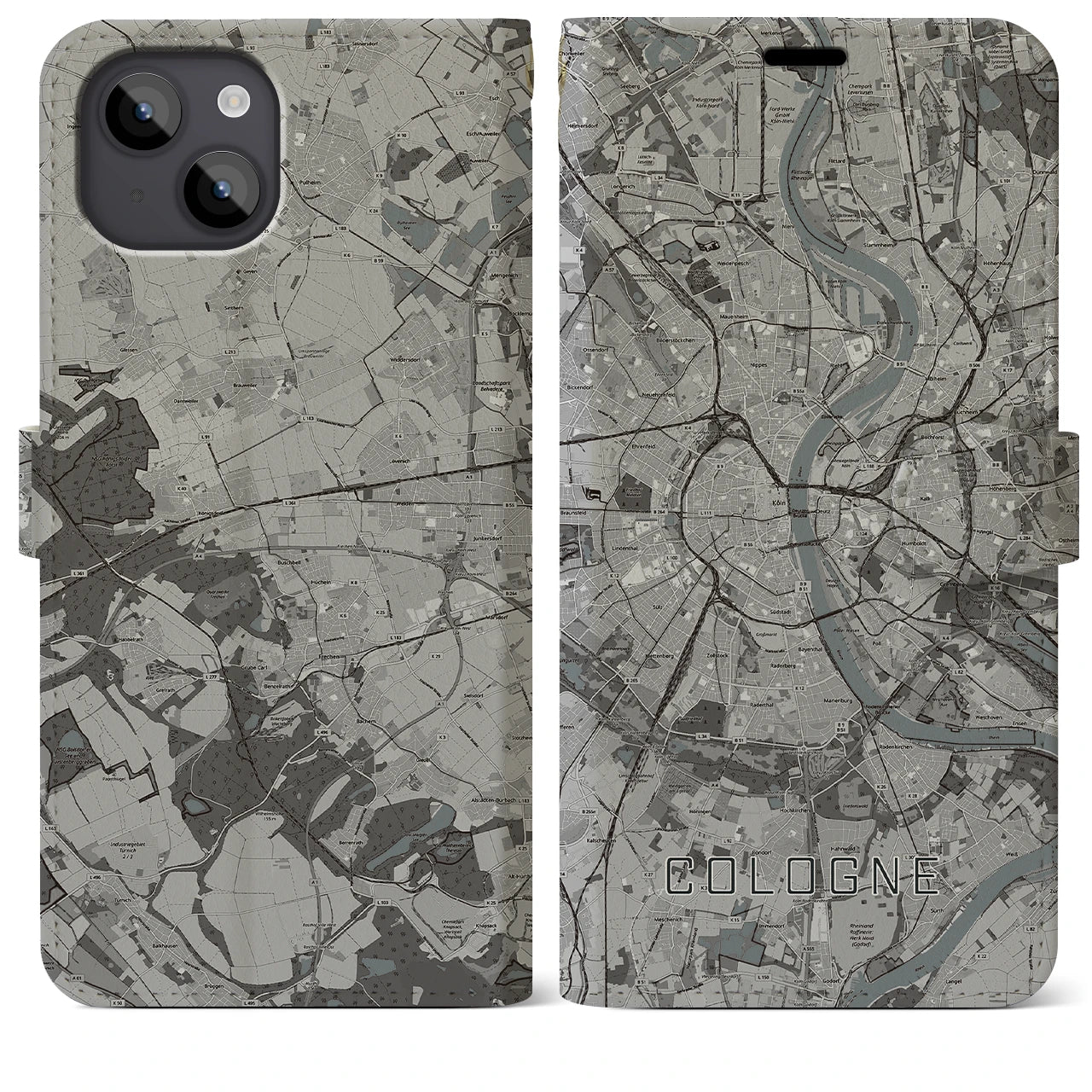 【ケルン(ドイツ)】地図柄iPhoneケース(手帳タイプ)モノトーン・iPhone 14 Plus 用