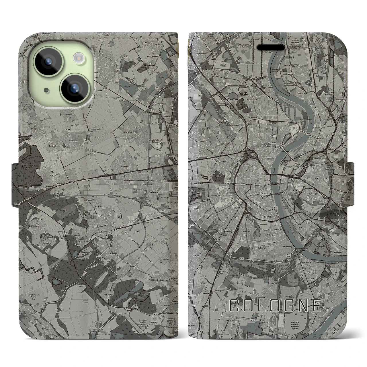 【ケルン(ドイツ)】地図柄iPhoneケース(手帳タイプ)モノトーン・iPhone 15 用
