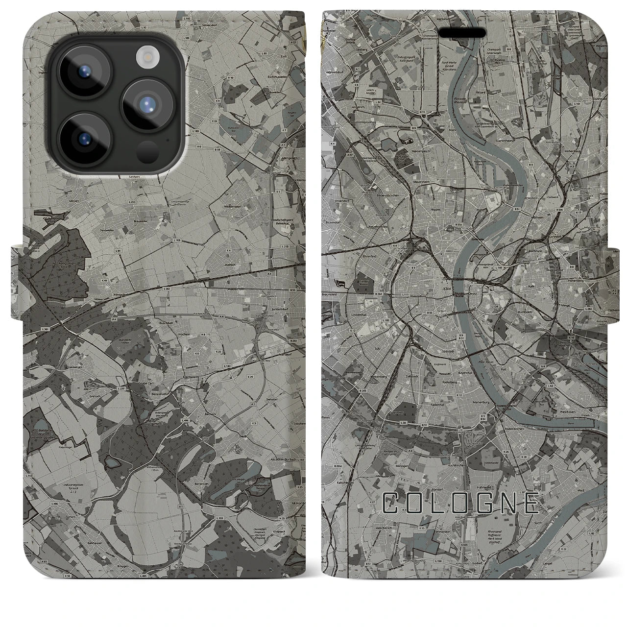 【ケルン(ドイツ)】地図柄iPhoneケース(手帳タイプ)モノトーン・iPhone 15 Pro Max 用