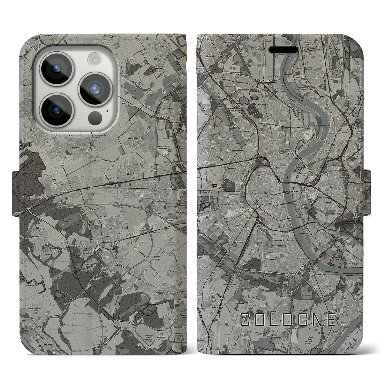 【ケルン(ドイツ)】地図柄iPhoneケース(手帳タイプ)モノトーン・iPhone 15 Pro 用