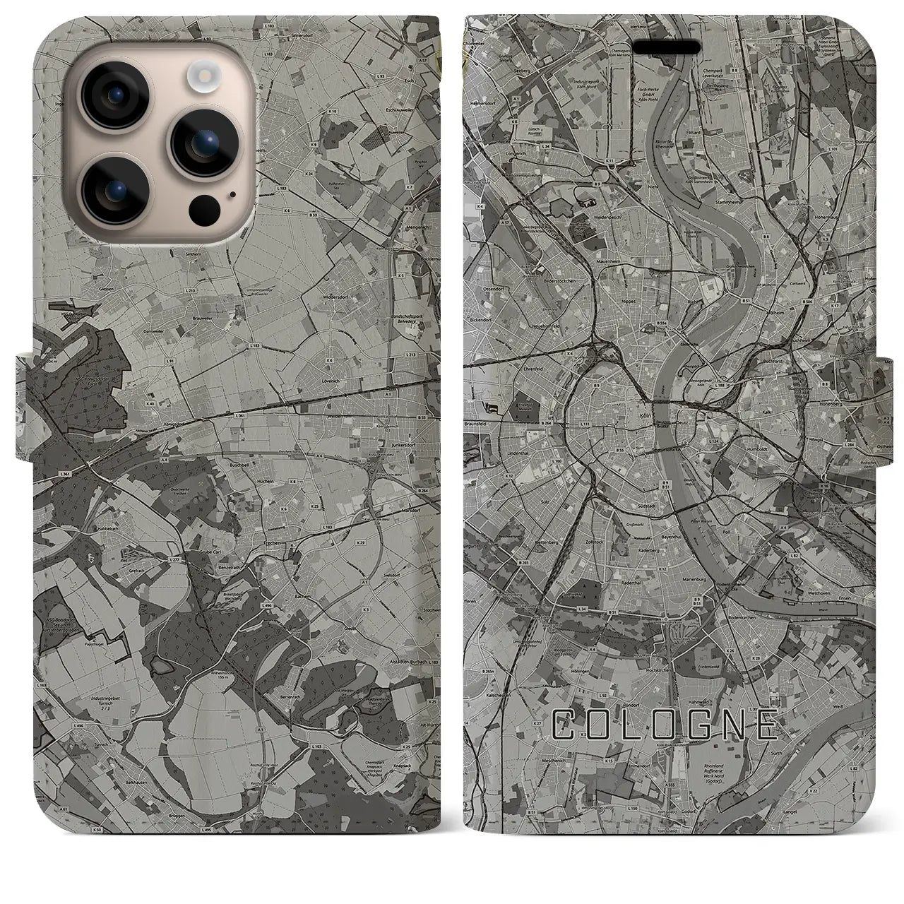 【ケルン(ドイツ)】地図柄iPhoneケース(手帳タイプ)モノトーン・iPhone 16 Plus 用