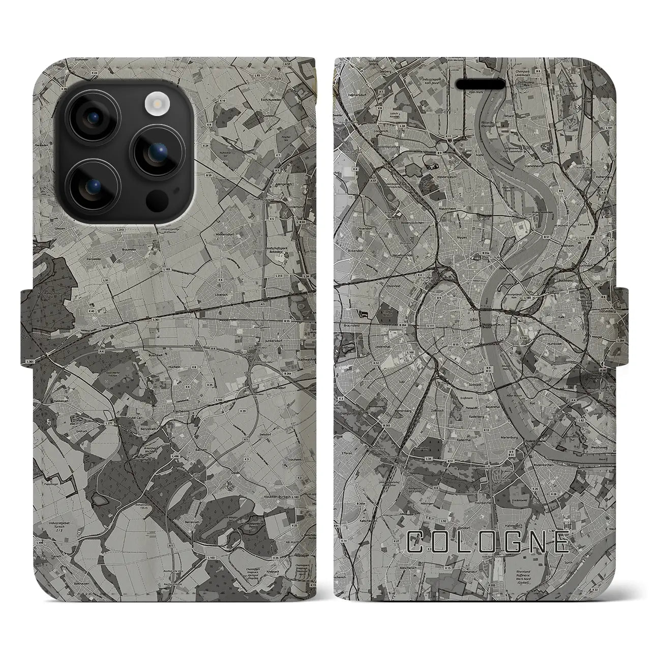 【ケルン(ドイツ)】地図柄iPhoneケース(手帳タイプ)モノトーン・iPhone 16 用