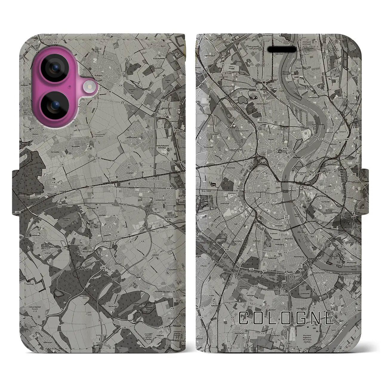 【ケルン(ドイツ)】地図柄iPhoneケース(手帳タイプ)モノトーン・iPhone 16 Pro 用