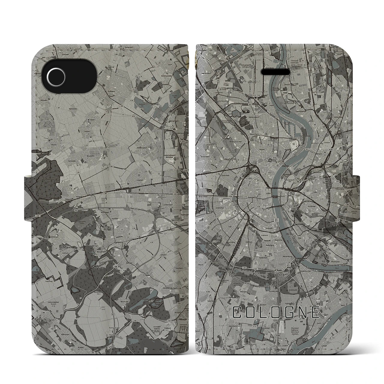 【ケルン(ドイツ)】地図柄iPhoneケース(手帳タイプ)モノトーン・iPhone SE(第3 / 第2世代) / 8 / 7 / 6s / 6 用