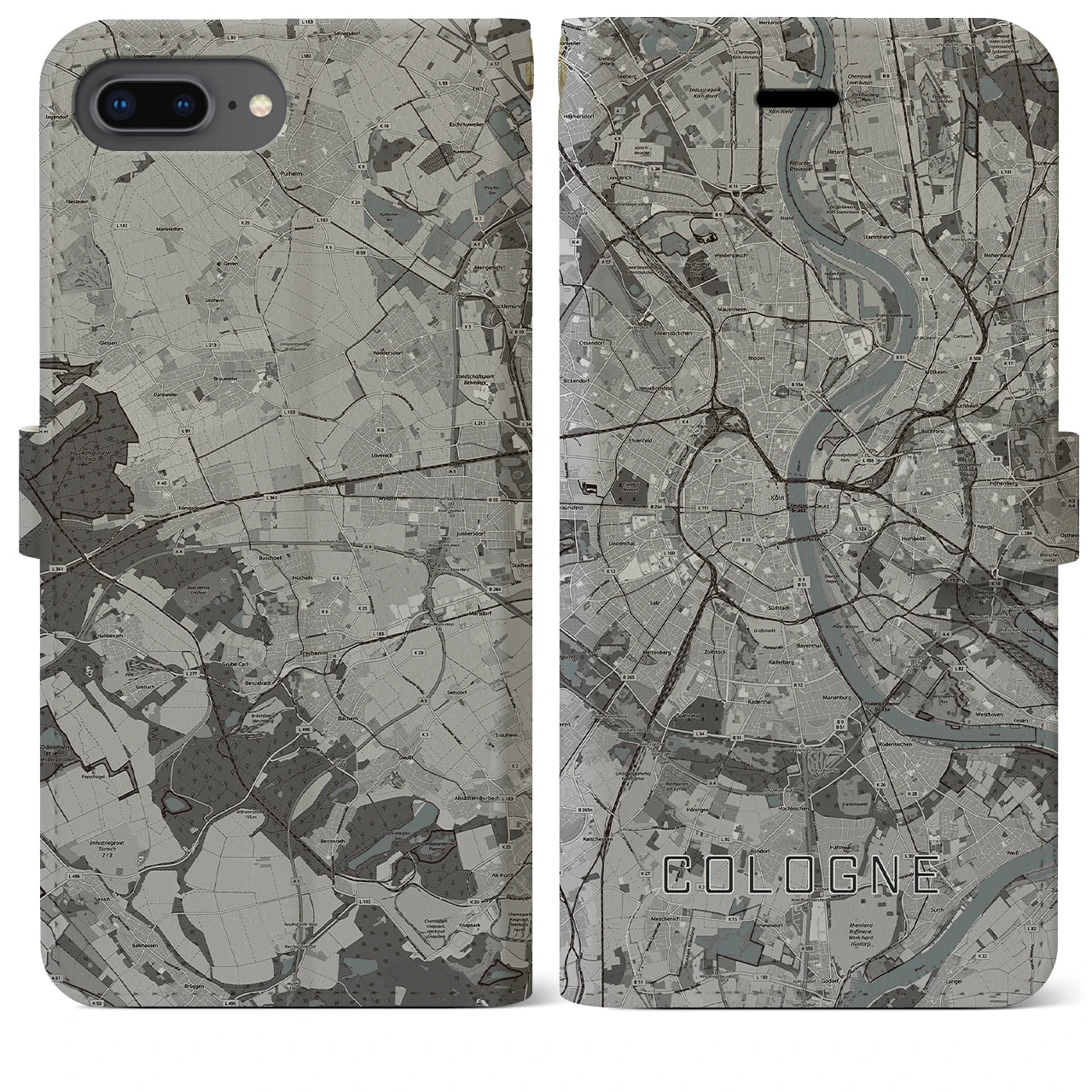【ケルン(ドイツ)】地図柄iPhoneケース(手帳タイプ)モノトーン・iPhone 8Plus /7Plus / 6sPlus / 6Plus 用