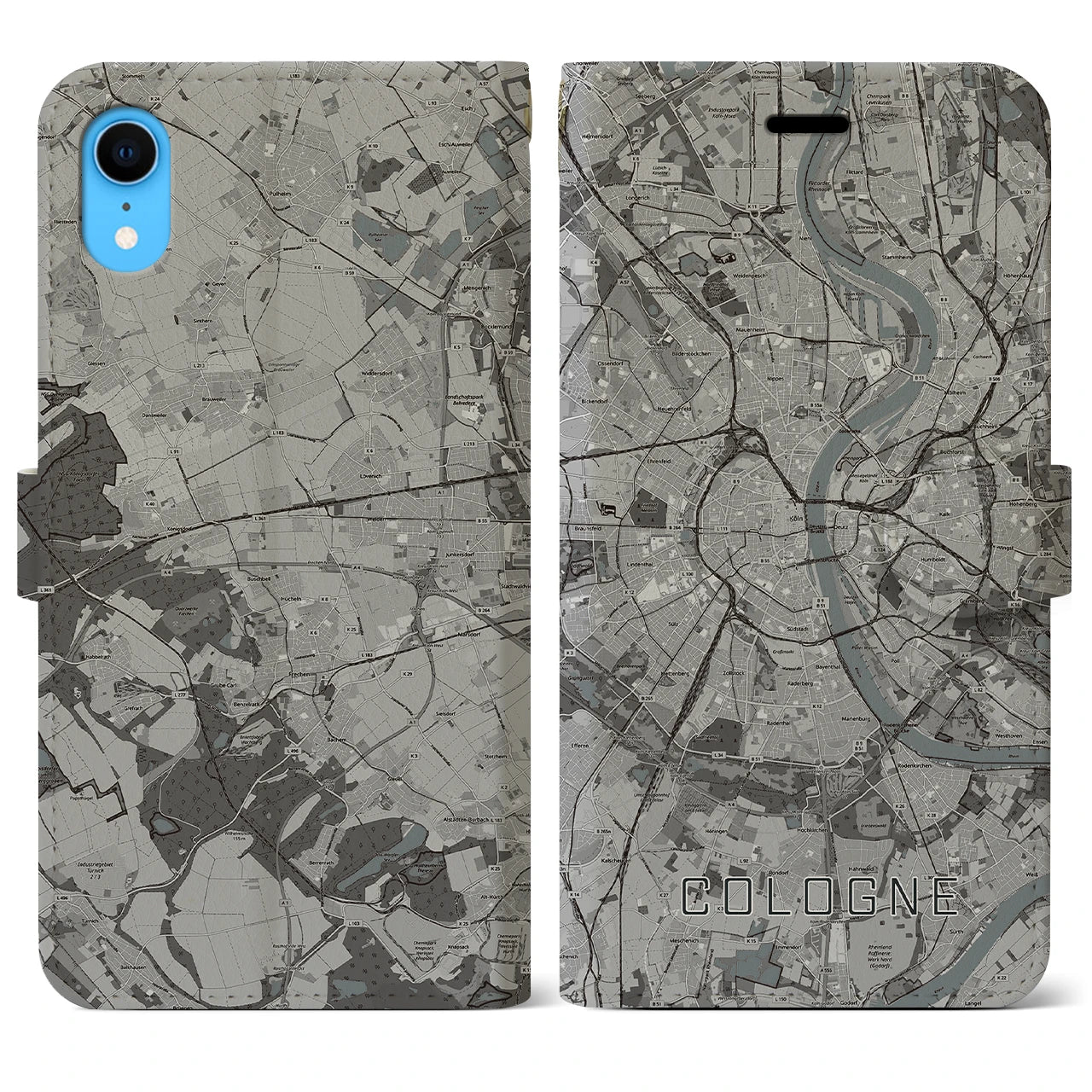 【ケルン(ドイツ)】地図柄iPhoneケース(手帳タイプ)モノトーン・iPhone XR 用