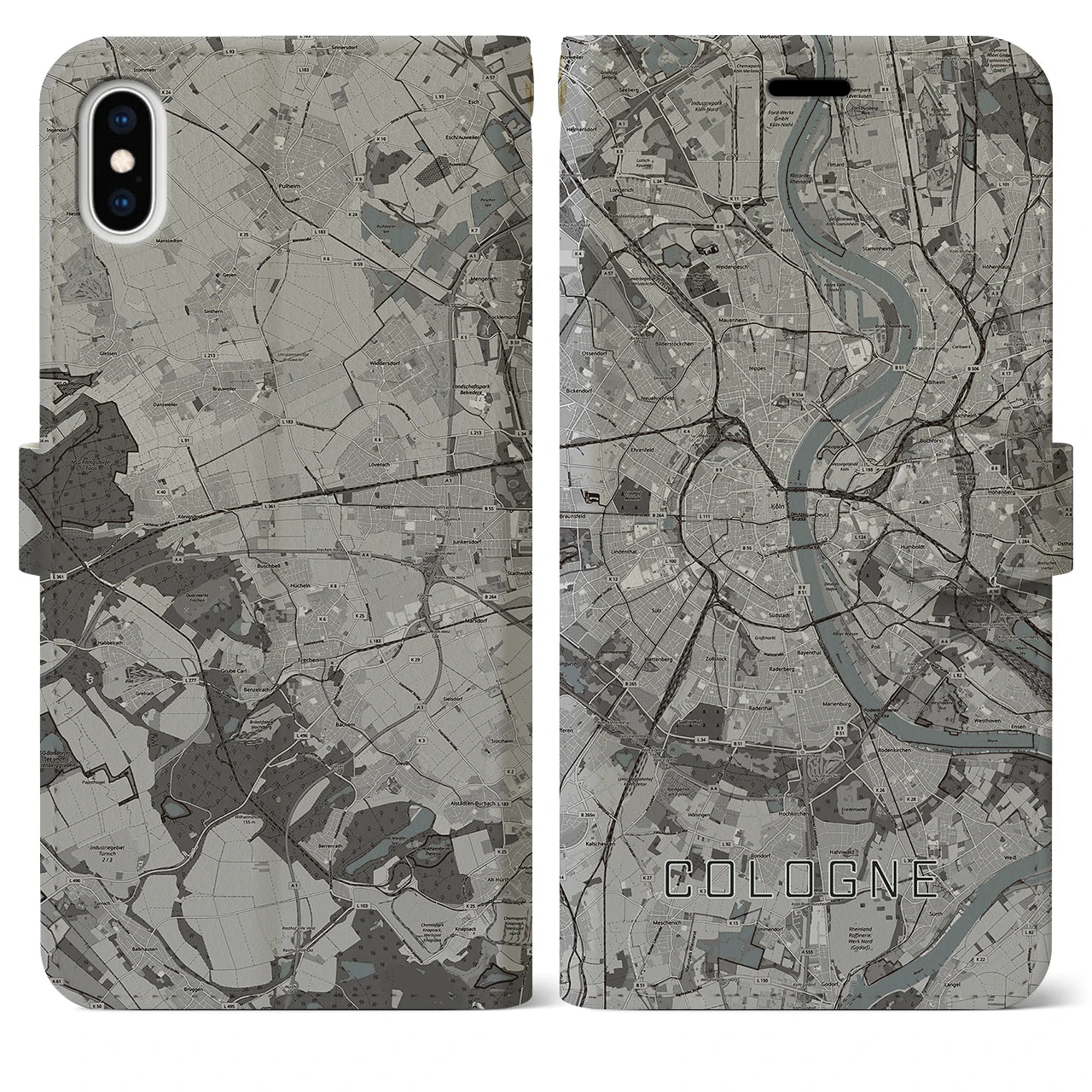 【ケルン(ドイツ)】地図柄iPhoneケース(手帳タイプ)モノトーン・iPhone XS Max 用