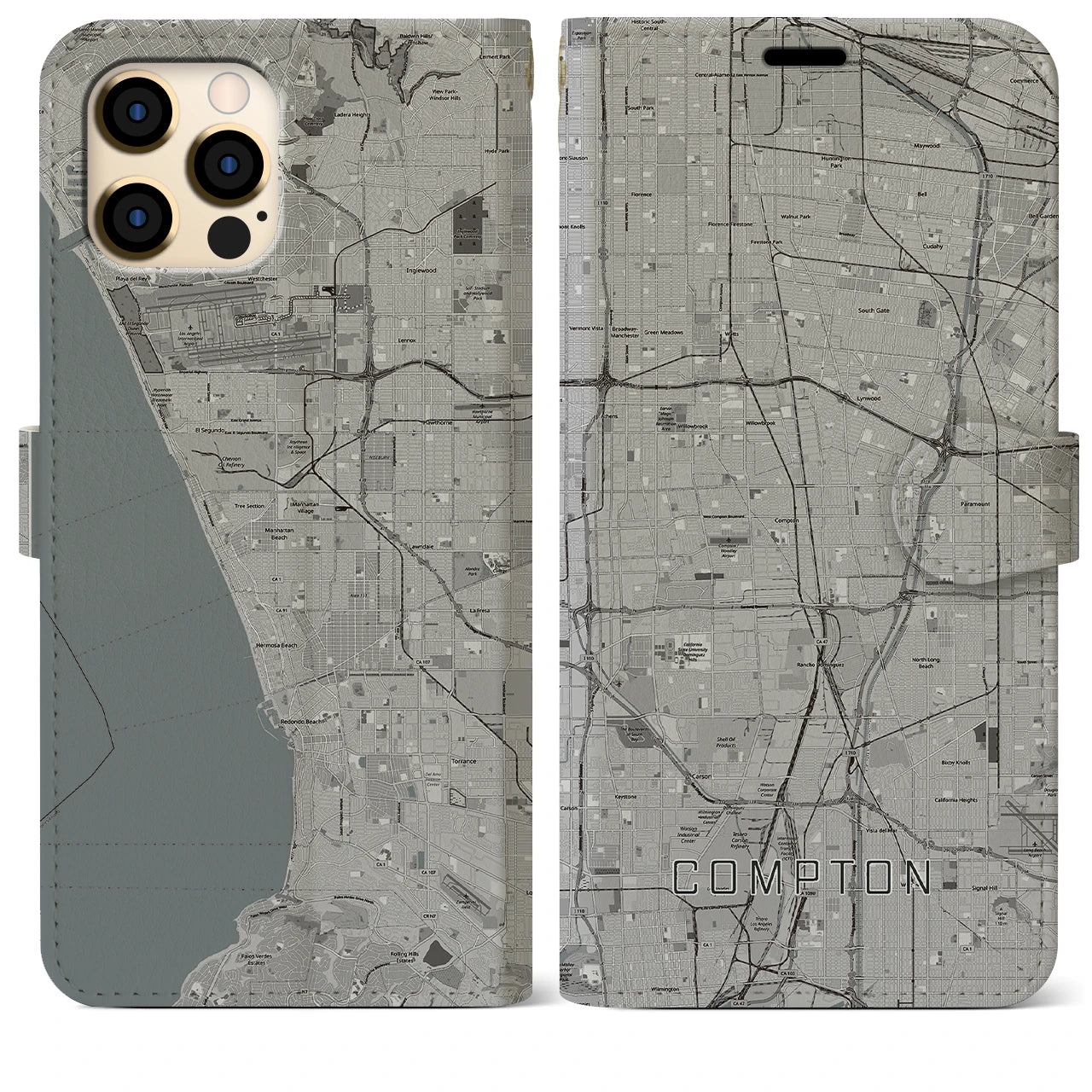 【コンプトン(アメリカ)】地図柄iPhoneケース(手帳タイプ)モノトーン・iPhone 12 Pro Max 用