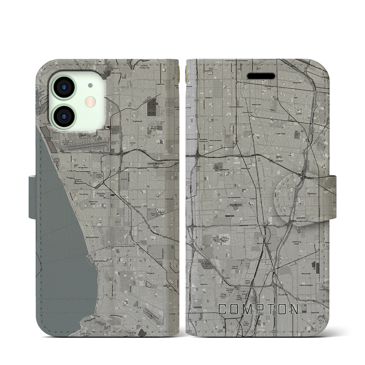 【コンプトン(アメリカ)】地図柄iPhoneケース(手帳タイプ)モノトーン・iPhone 12 mini 用