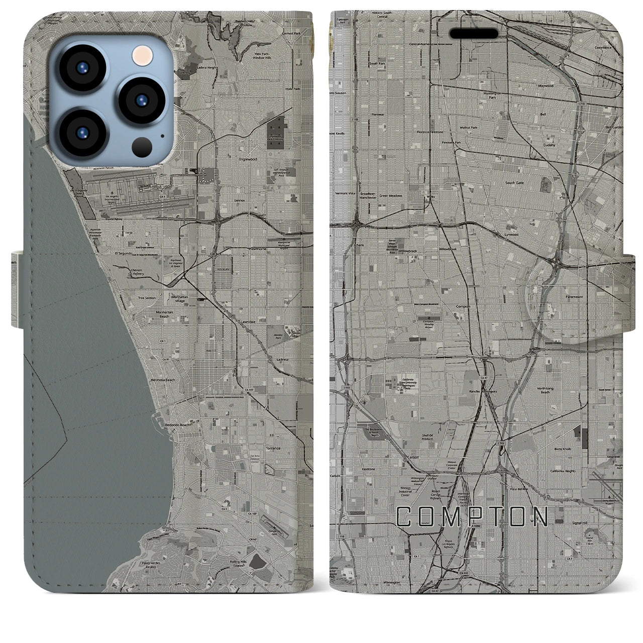 【コンプトン(アメリカ)】地図柄iPhoneケース(手帳タイプ)モノトーン・iPhone 13 Pro Max 用