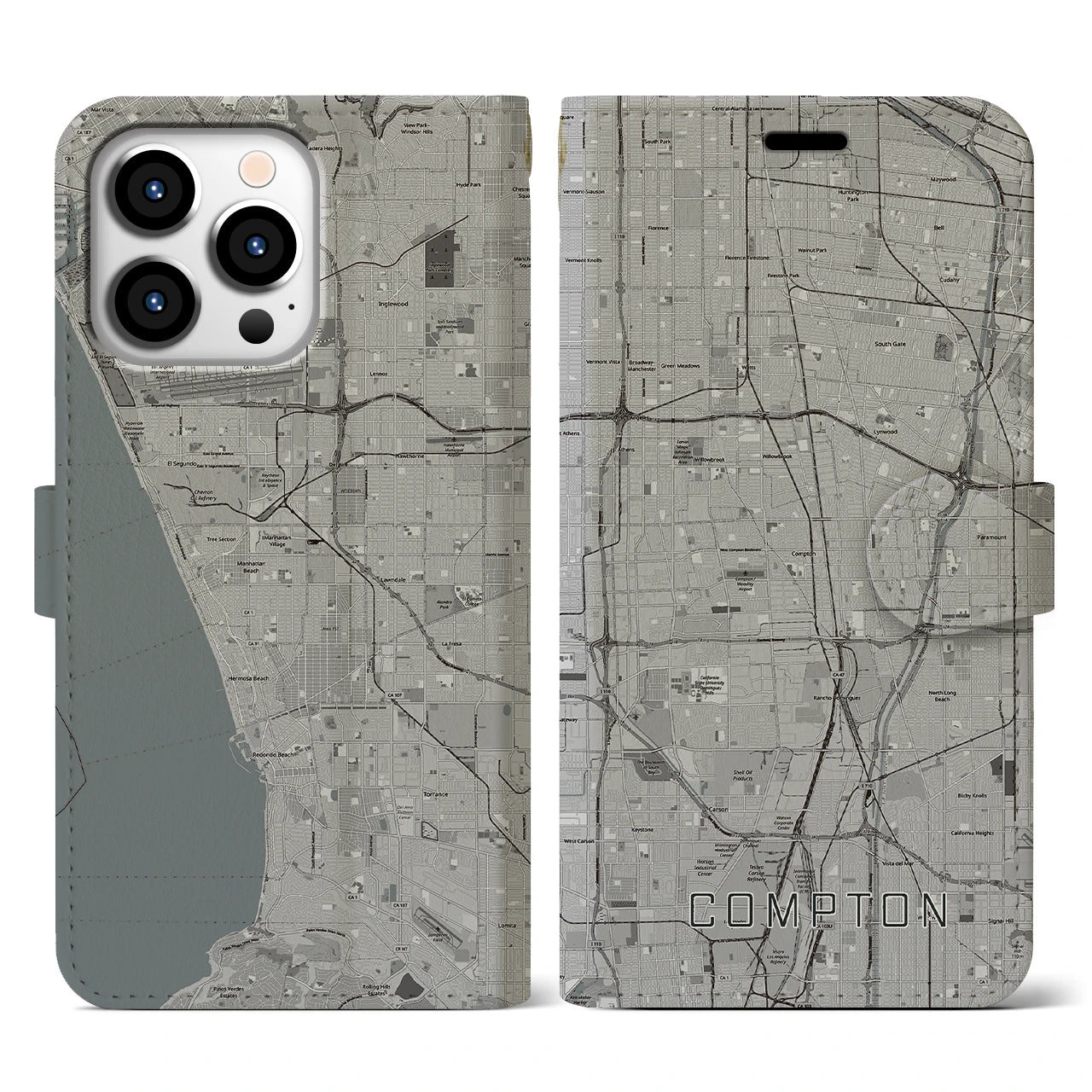 【コンプトン(アメリカ)】地図柄iPhoneケース(手帳タイプ)モノトーン・iPhone 13 Pro 用