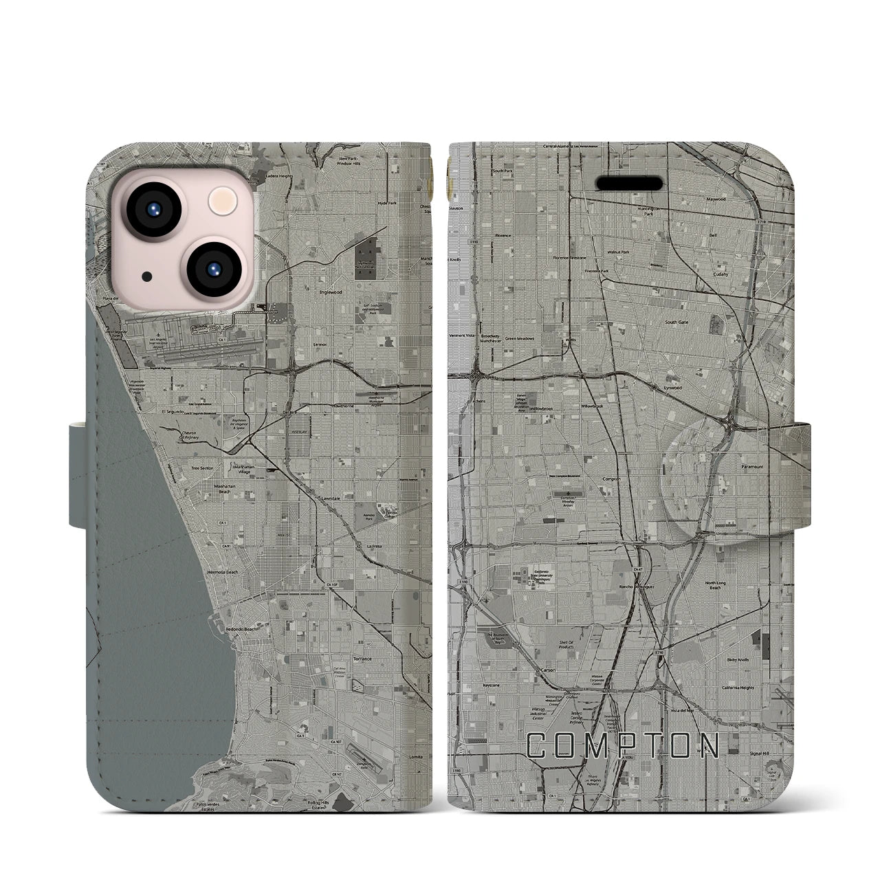 【コンプトン(アメリカ)】地図柄iPhoneケース(手帳タイプ)モノトーン・iPhone 13 mini 用