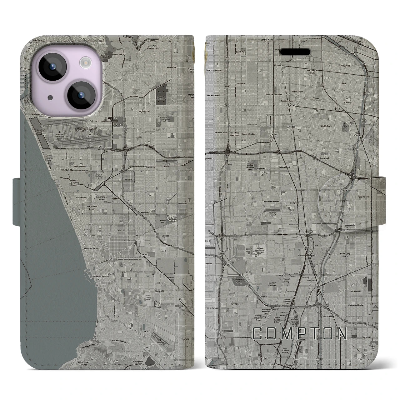 【コンプトン(アメリカ)】地図柄iPhoneケース(手帳タイプ)モノトーン・iPhone 14 用