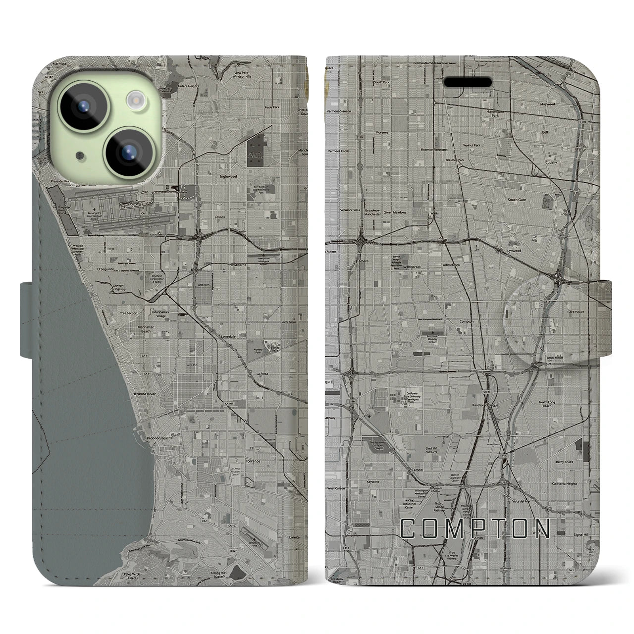 【コンプトン(アメリカ)】地図柄iPhoneケース(手帳タイプ)モノトーン・iPhone 15 用