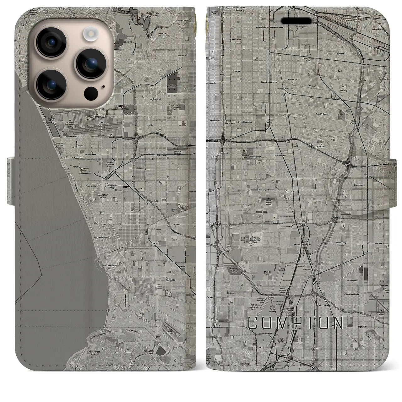 【コンプトン(アメリカ)】地図柄iPhoneケース(手帳タイプ)モノトーン・iPhone 16 Plus 用