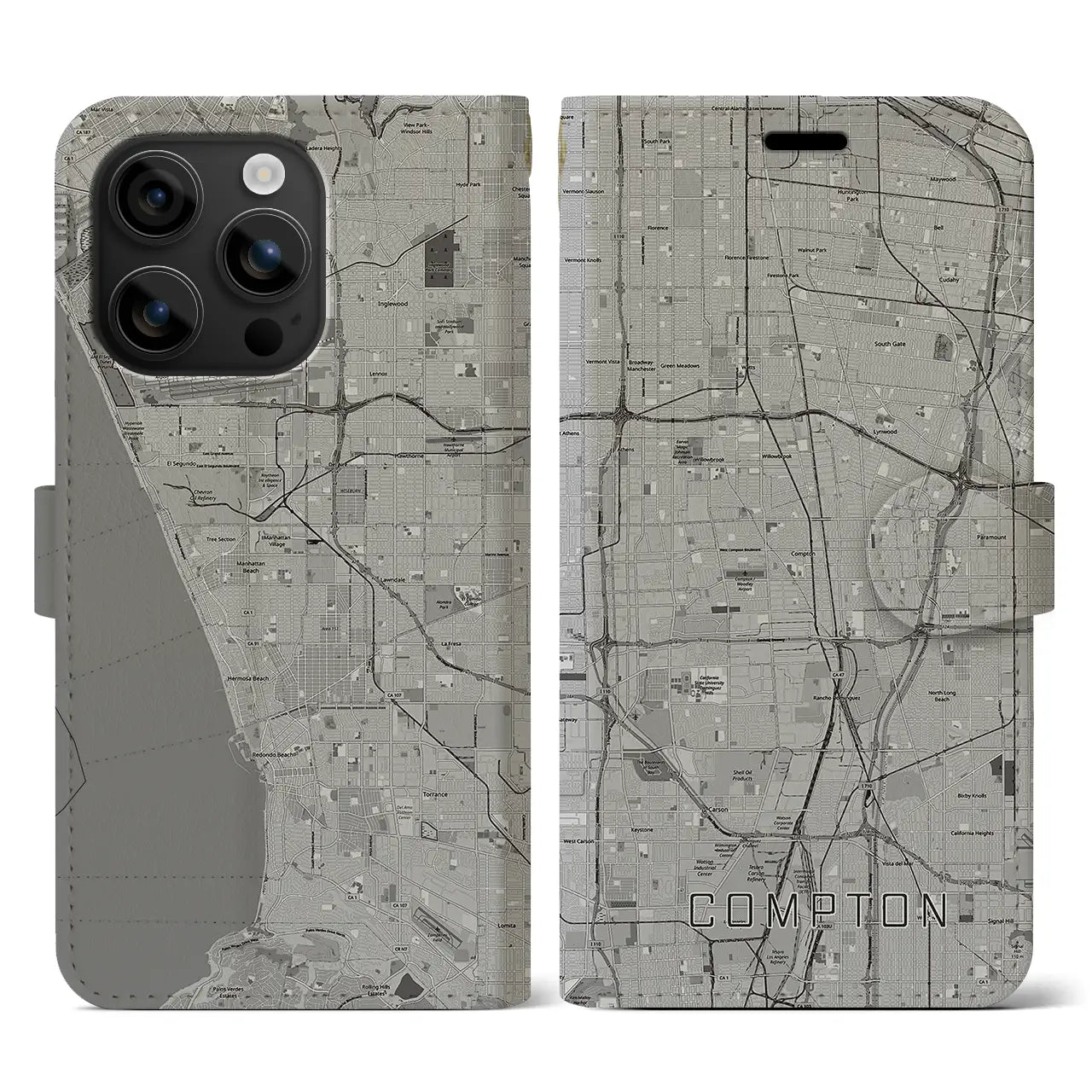 【コンプトン(アメリカ)】地図柄iPhoneケース(手帳タイプ)モノトーン・iPhone 16 用