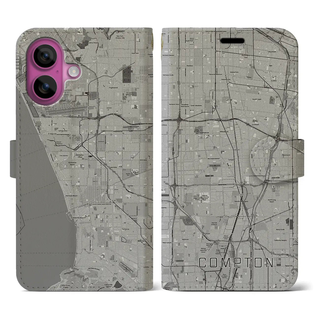 【コンプトン(アメリカ)】地図柄iPhoneケース(手帳タイプ)モノトーン・iPhone 16 Pro 用