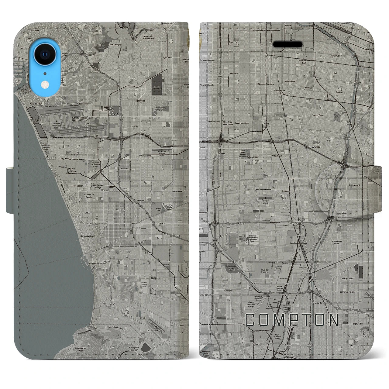 【コンプトン(アメリカ)】地図柄iPhoneケース(手帳タイプ)モノトーン・iPhone XR 用