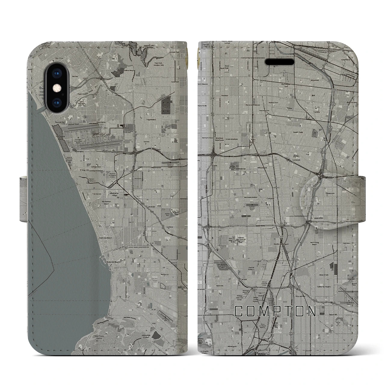 【コンプトン(アメリカ)】地図柄iPhoneケース(手帳タイプ)モノトーン・iPhone XS / X 用
