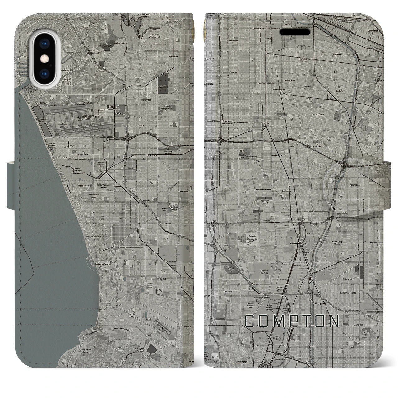 【コンプトン(アメリカ)】地図柄iPhoneケース(手帳タイプ)モノトーン・iPhone XS Max 用