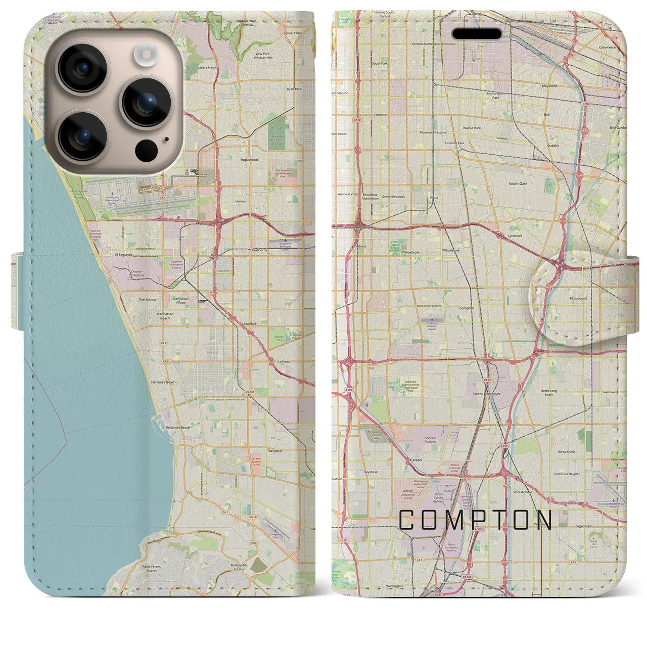 【コンプトン(アメリカ)】地図柄iPhoneケース(手帳タイプ)ナチュラル・iPhone 16 Plus 用