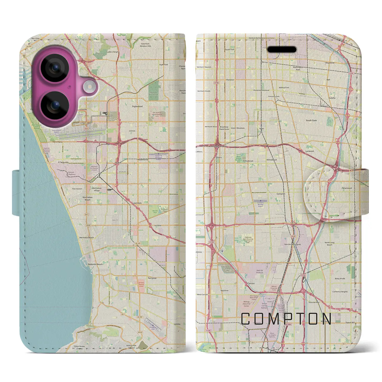 【コンプトン(アメリカ)】地図柄iPhoneケース(手帳タイプ)ナチュラル・iPhone 16 Pro 用
