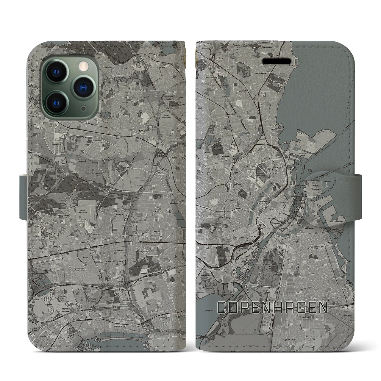 【コペンハーゲン(デンマーク)】地図柄iPhoneケース(手帳タイプ)モノトーン・iPhone 11 Pro 用