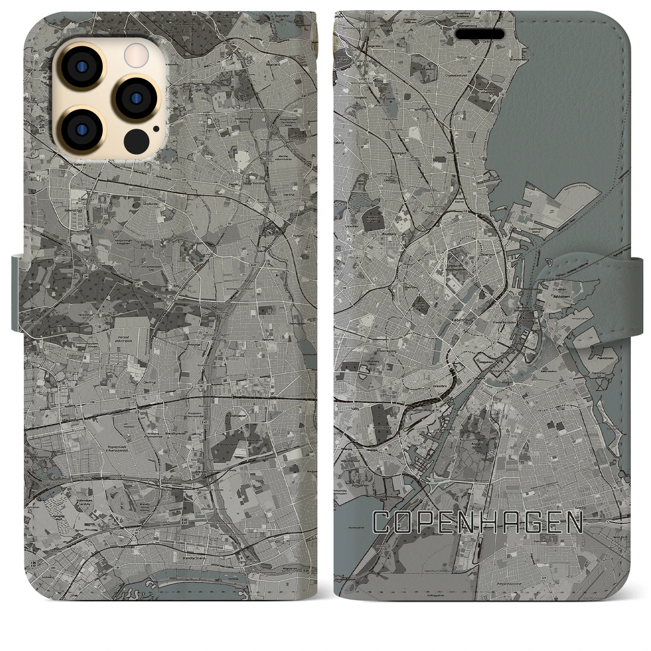 【コペンハーゲン(デンマーク)】地図柄iPhoneケース(手帳タイプ)モノトーン・iPhone 12 Pro Max 用