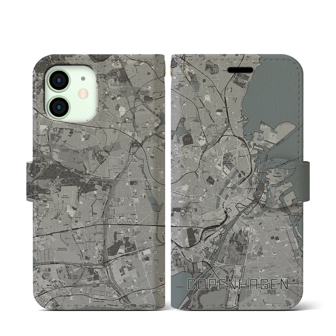 【コペンハーゲン(デンマーク)】地図柄iPhoneケース(手帳タイプ)モノトーン・iPhone 12 mini 用