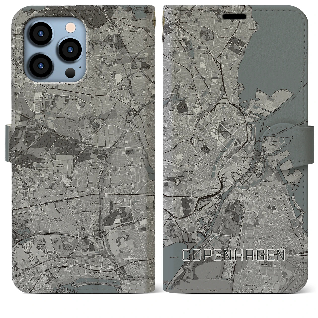 【コペンハーゲン(デンマーク)】地図柄iPhoneケース(手帳タイプ)モノトーン・iPhone 13 Pro Max 用