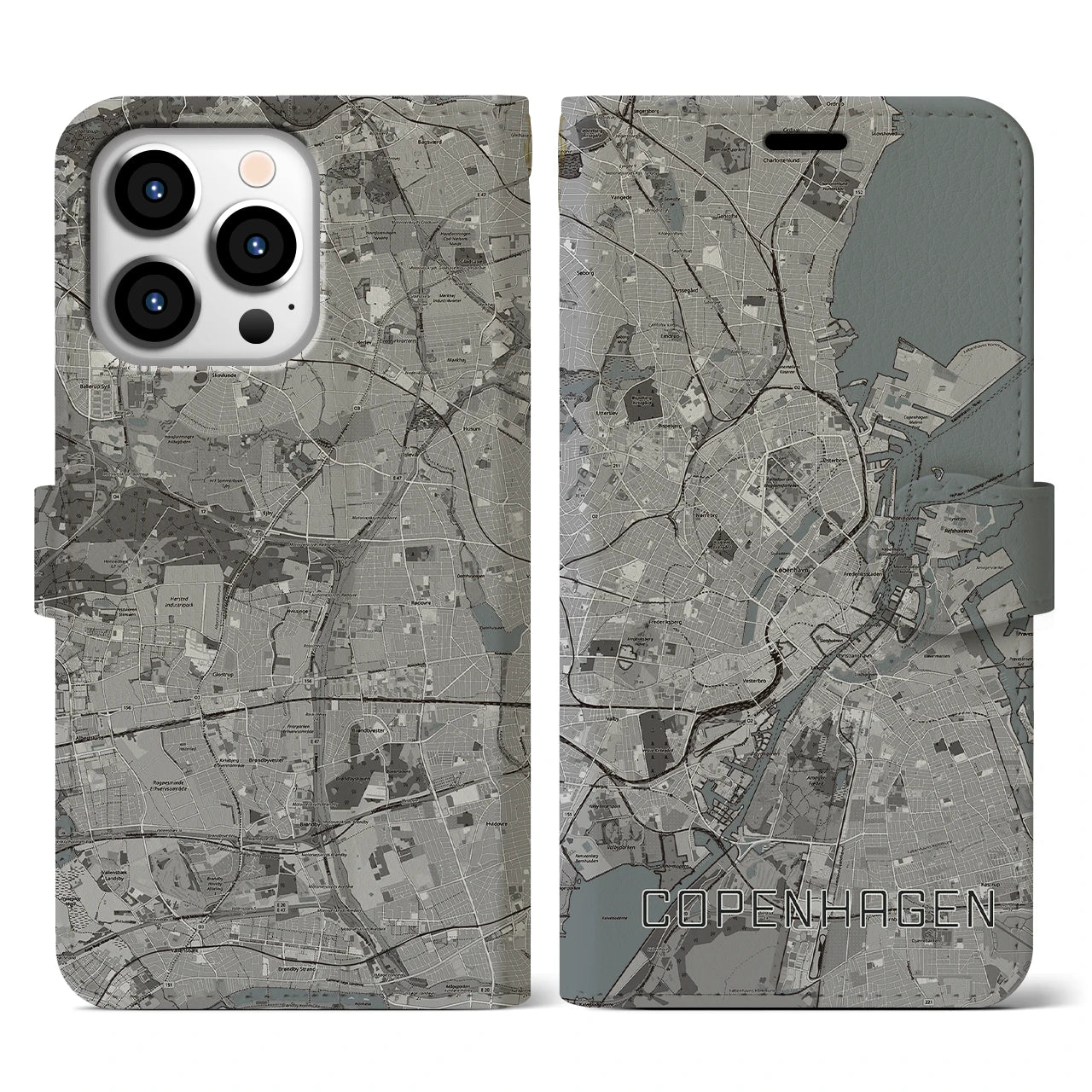 【コペンハーゲン(デンマーク)】地図柄iPhoneケース(手帳タイプ)モノトーン・iPhone 13 Pro 用