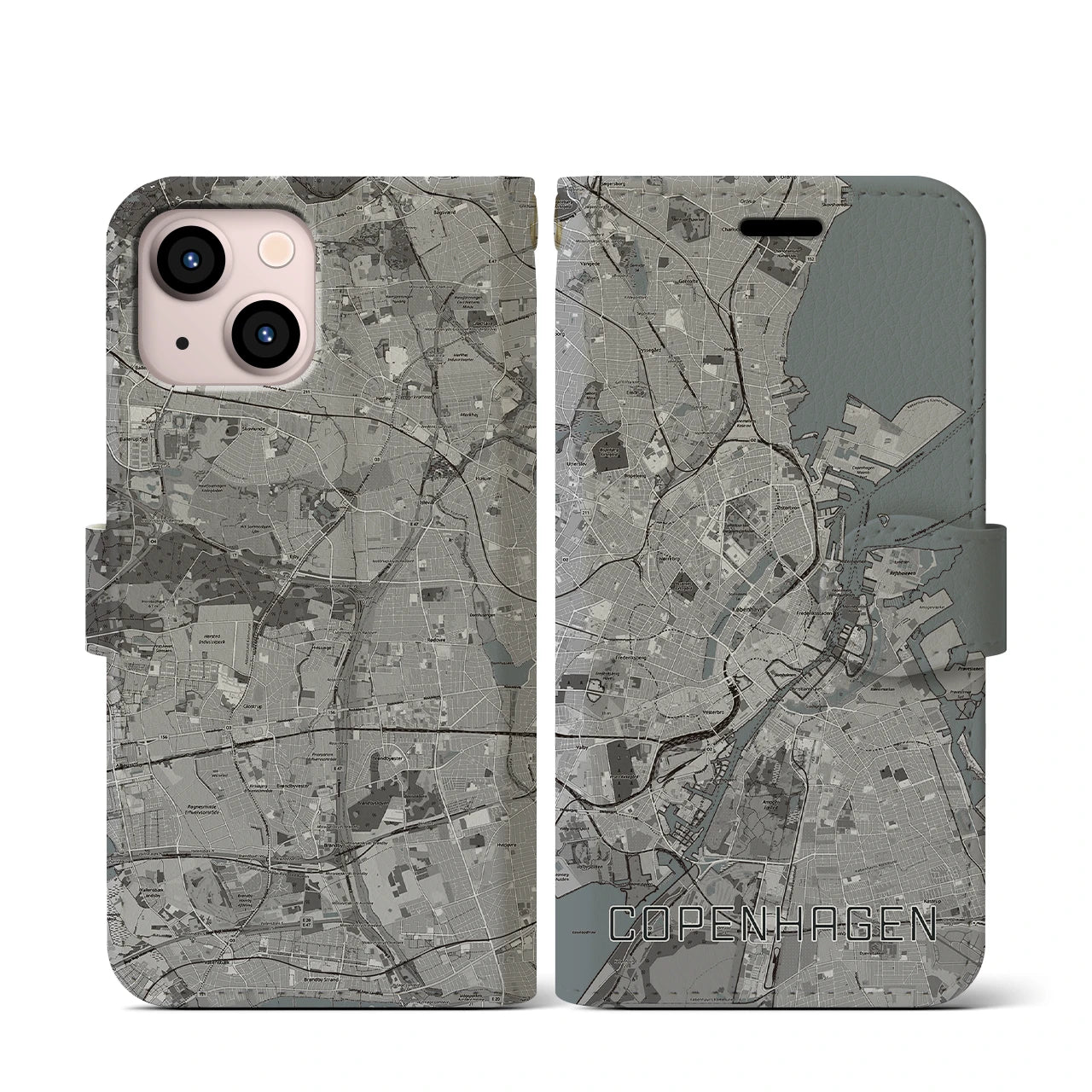 【コペンハーゲン(デンマーク)】地図柄iPhoneケース(手帳タイプ)モノトーン・iPhone 13 mini 用