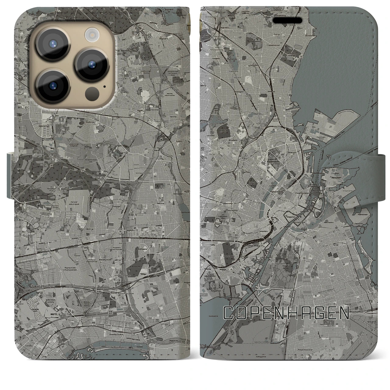 【コペンハーゲン(デンマーク)】地図柄iPhoneケース(手帳タイプ)モノトーン・iPhone 14 Pro Max 用