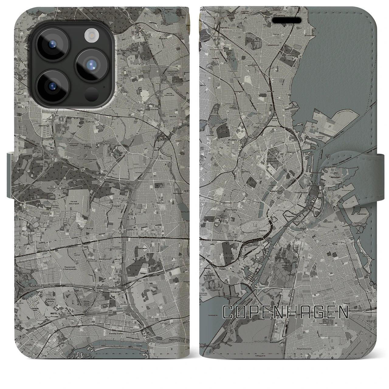 【コペンハーゲン(デンマーク)】地図柄iPhoneケース(手帳タイプ)モノトーン・iPhone 15 Pro Max 用