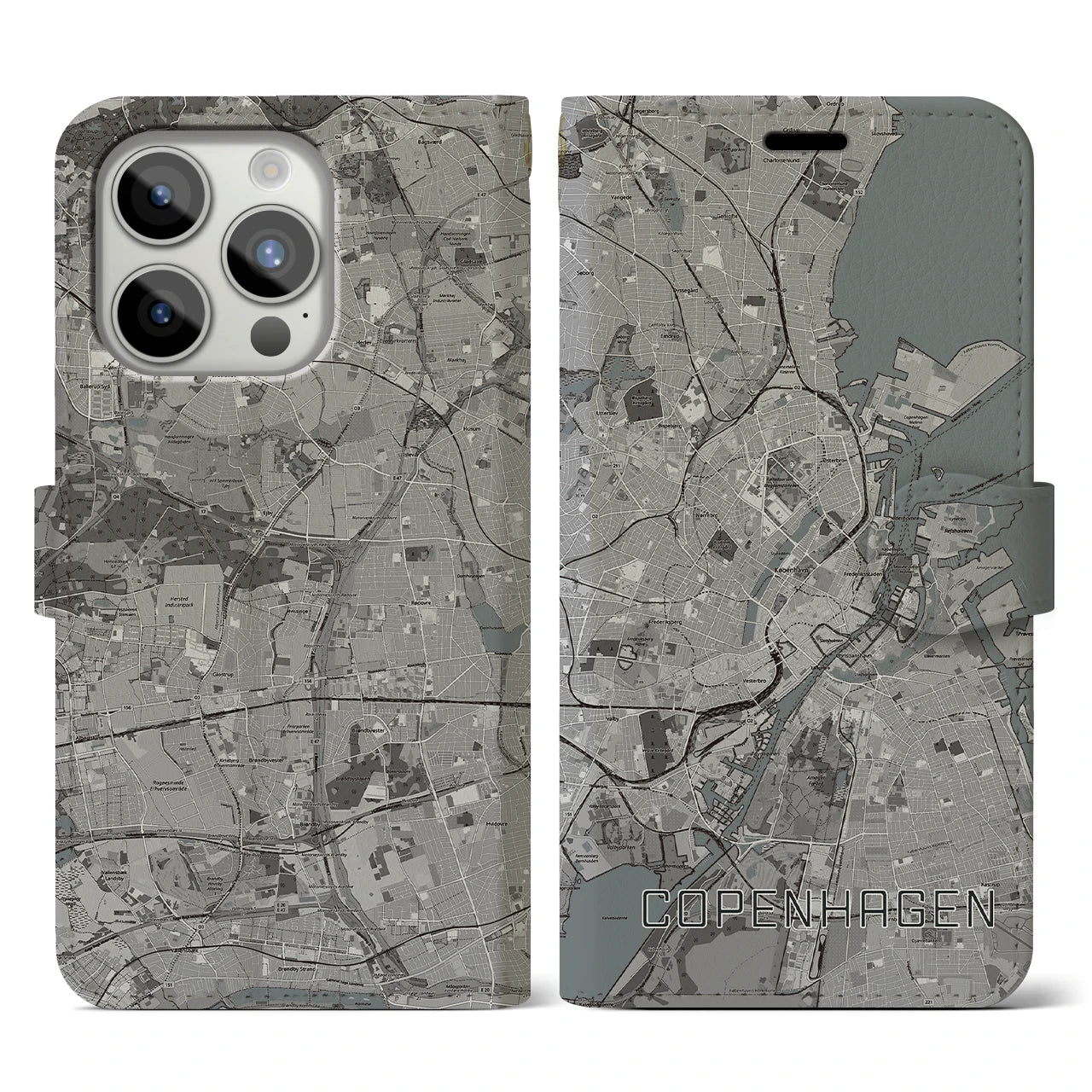 【コペンハーゲン(デンマーク)】地図柄iPhoneケース(手帳タイプ)モノトーン・iPhone 15 Pro 用