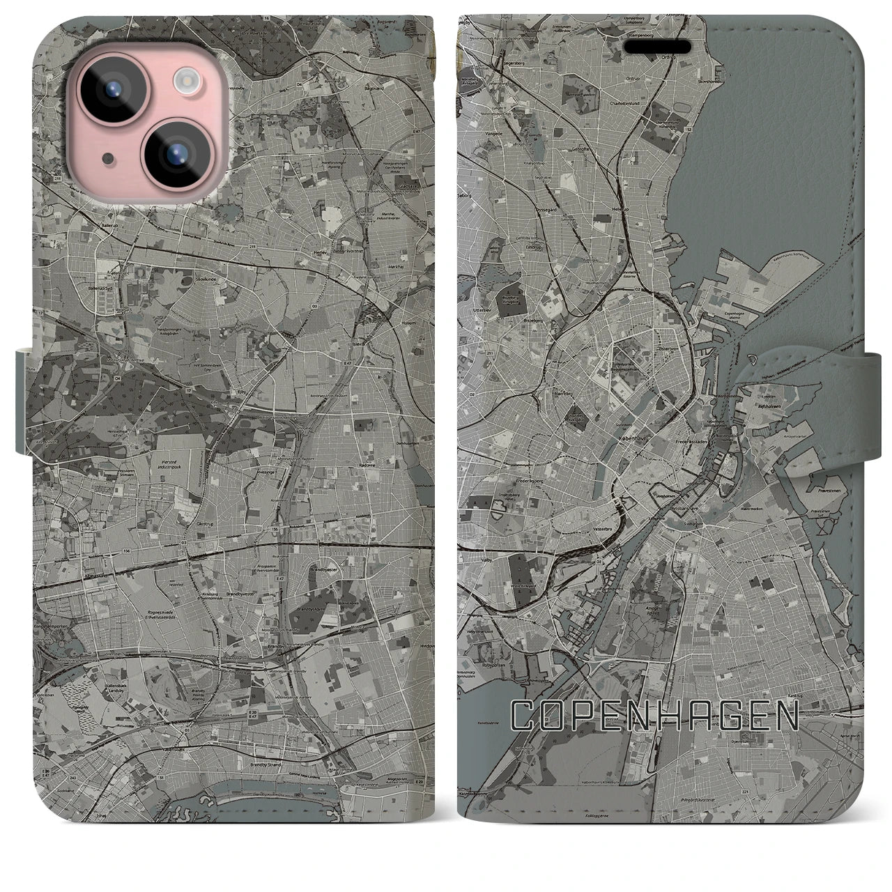 【コペンハーゲン(デンマーク)】地図柄iPhoneケース(手帳タイプ)モノトーン・iPhone 15 Plus 用