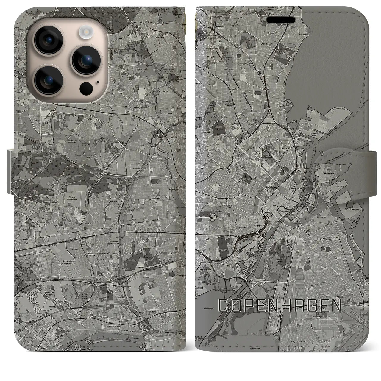 【コペンハーゲン(デンマーク)】地図柄iPhoneケース(手帳タイプ)モノトーン・iPhone 16 Plus 用