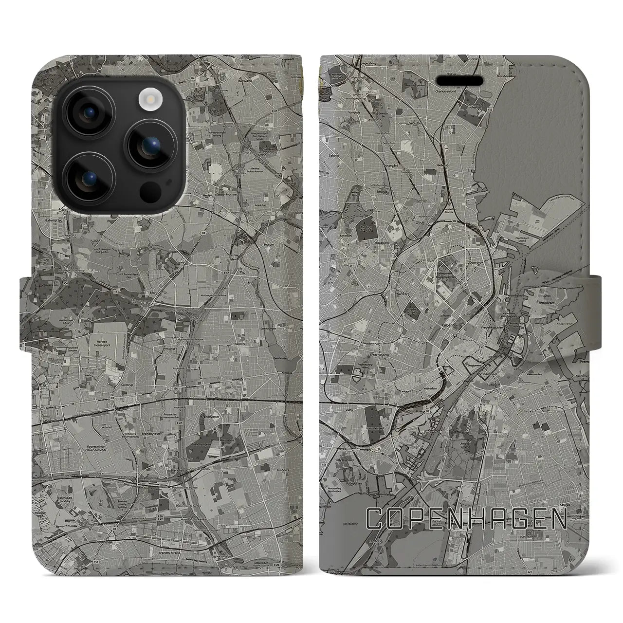 【コペンハーゲン(デンマーク)】地図柄iPhoneケース(手帳タイプ)モノトーン・iPhone 16 用