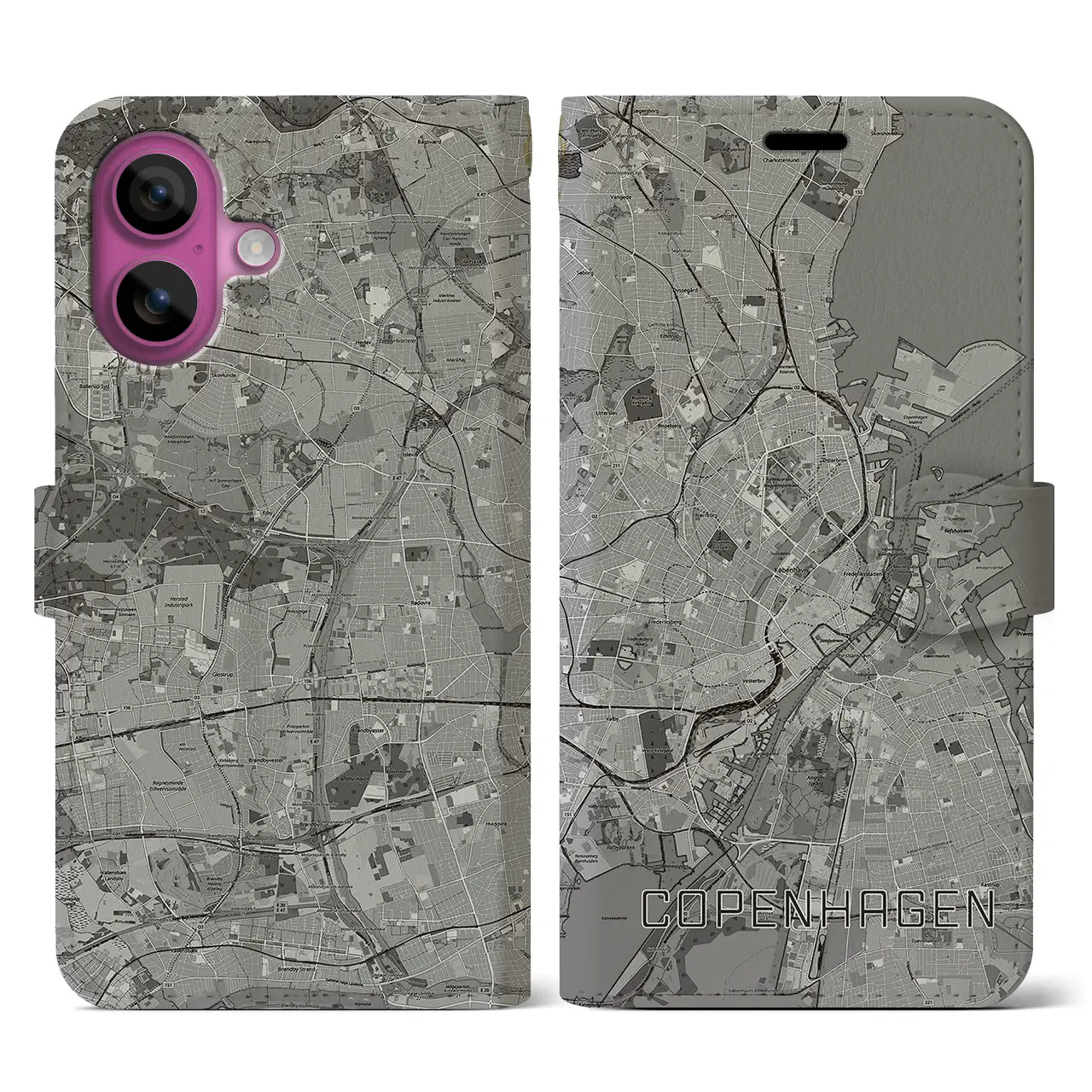 【コペンハーゲン(デンマーク)】地図柄iPhoneケース(手帳タイプ)モノトーン・iPhone 16 Pro 用