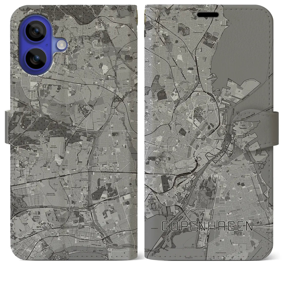 【コペンハーゲン(デンマーク)】地図柄iPhoneケース(手帳タイプ)モノトーン・iPhone 16 Pro Max 用