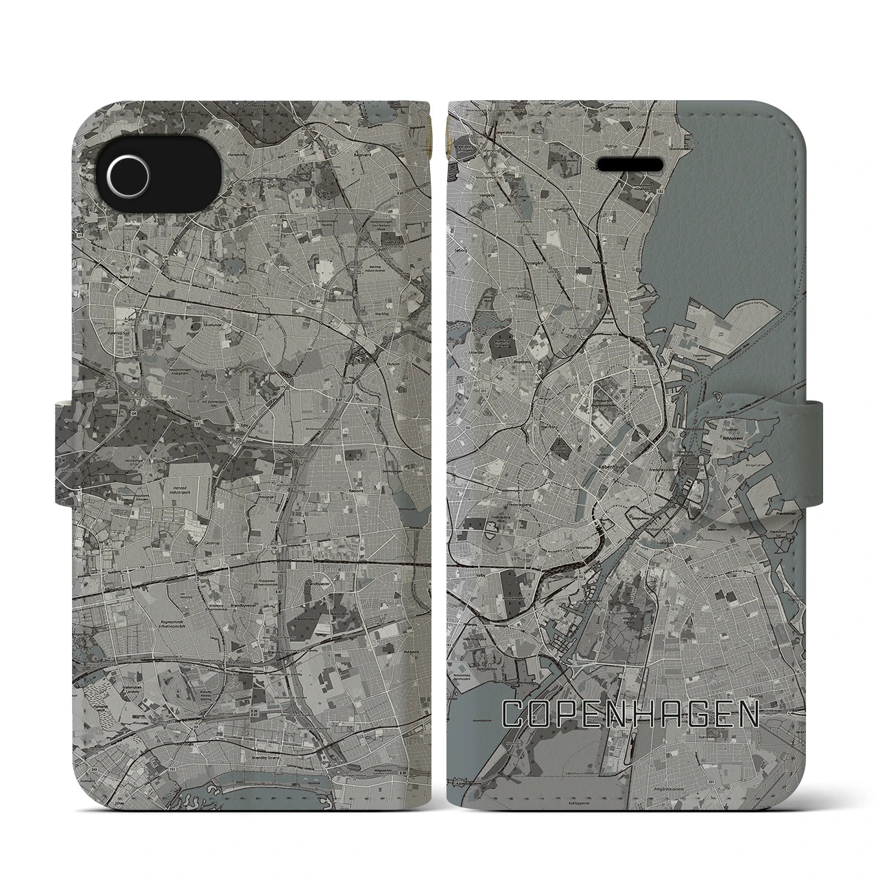 【コペンハーゲン(デンマーク)】地図柄iPhoneケース(手帳タイプ)モノトーン・iPhone SE(第3 / 第2世代) / 8 / 7 / 6s / 6 用
