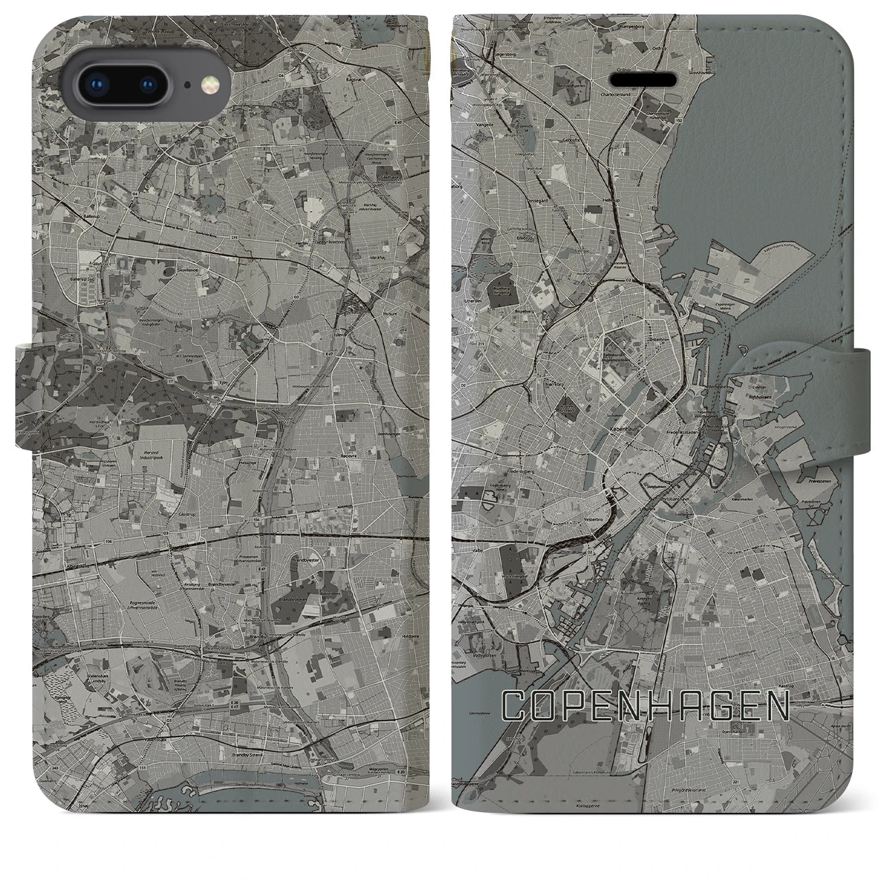 【コペンハーゲン(デンマーク)】地図柄iPhoneケース(手帳タイプ)モノトーン・iPhone 8Plus /7Plus / 6sPlus / 6Plus 用