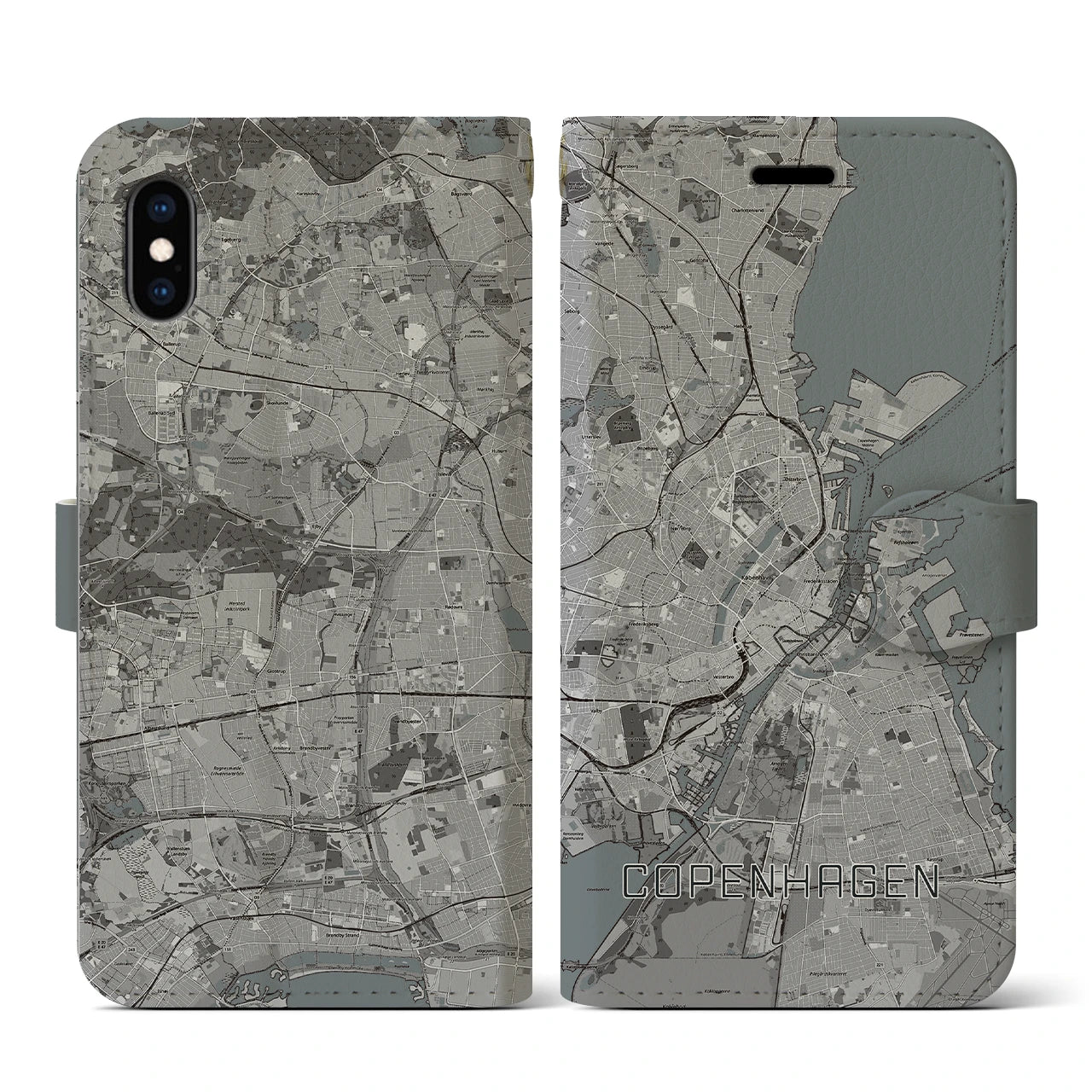 【コペンハーゲン(デンマーク)】地図柄iPhoneケース(手帳タイプ)モノトーン・iPhone XS / X 用