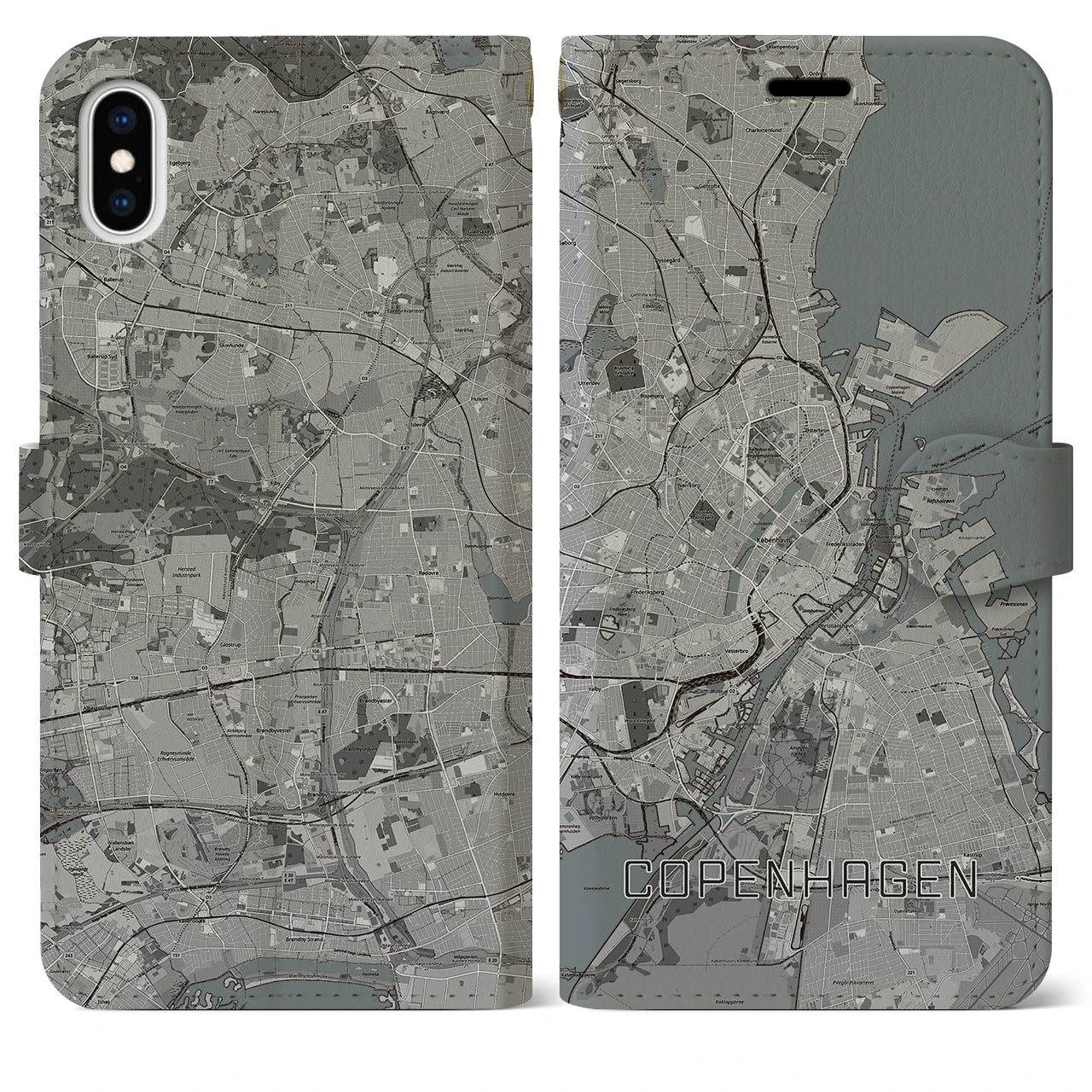 【コペンハーゲン(デンマーク)】地図柄iPhoneケース(手帳タイプ)モノトーン・iPhone XS Max 用