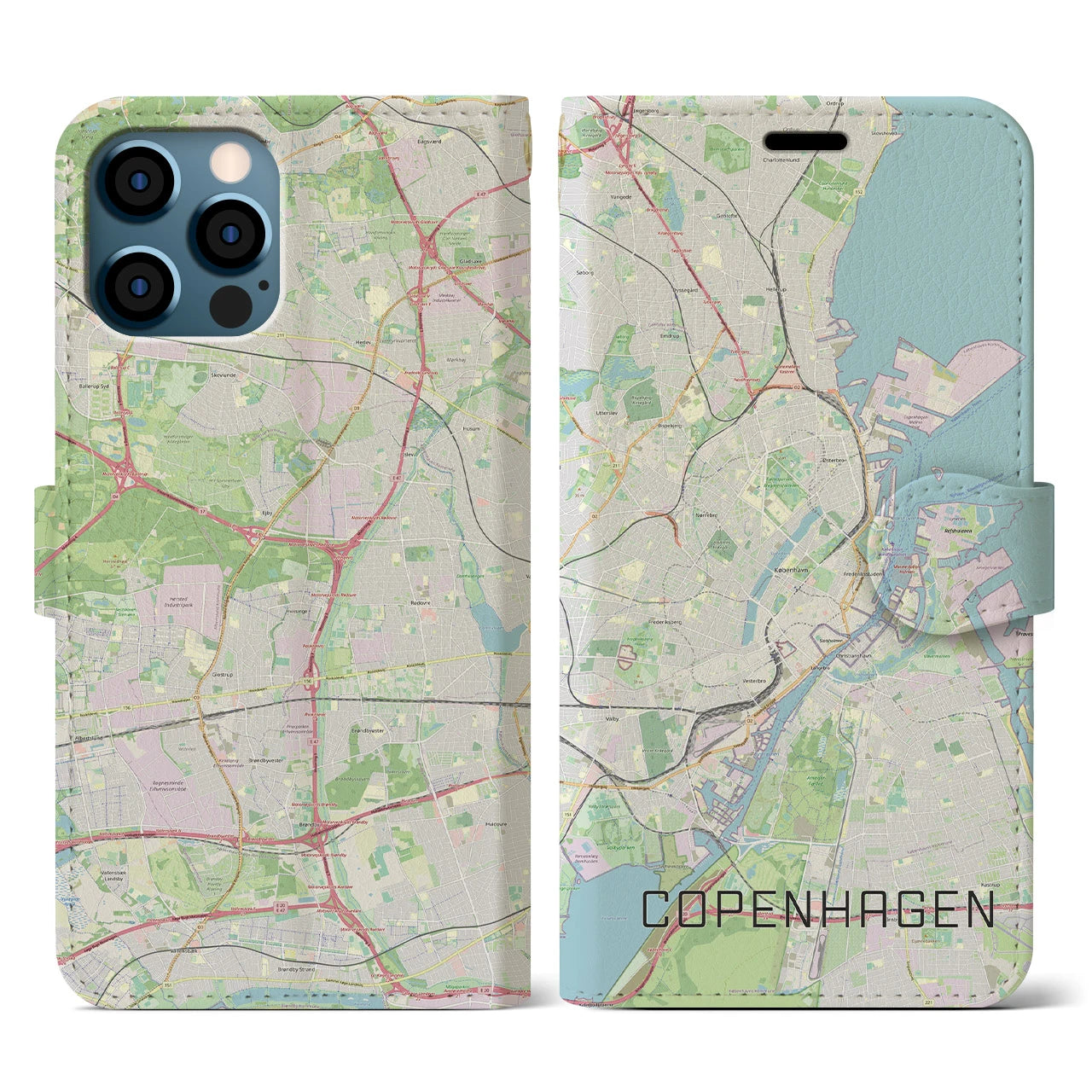 【コペンハーゲン(デンマーク)】地図柄iPhoneケース(手帳タイプ)ナチュラル・iPhone 12 / 12 Pro 用