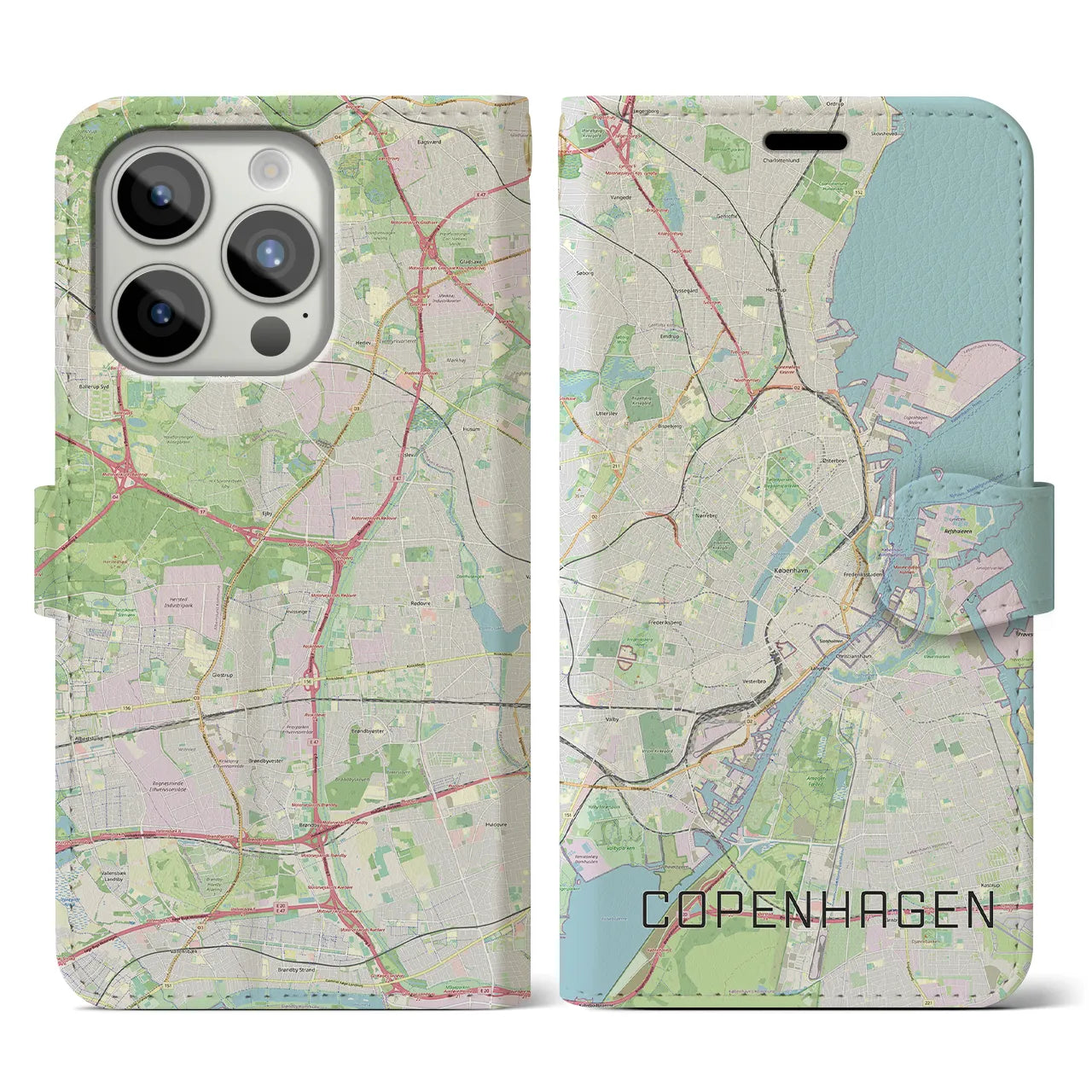 【コペンハーゲン(デンマーク)】地図柄iPhoneケース(手帳タイプ)ナチュラル・iPhone 15 Pro 用
