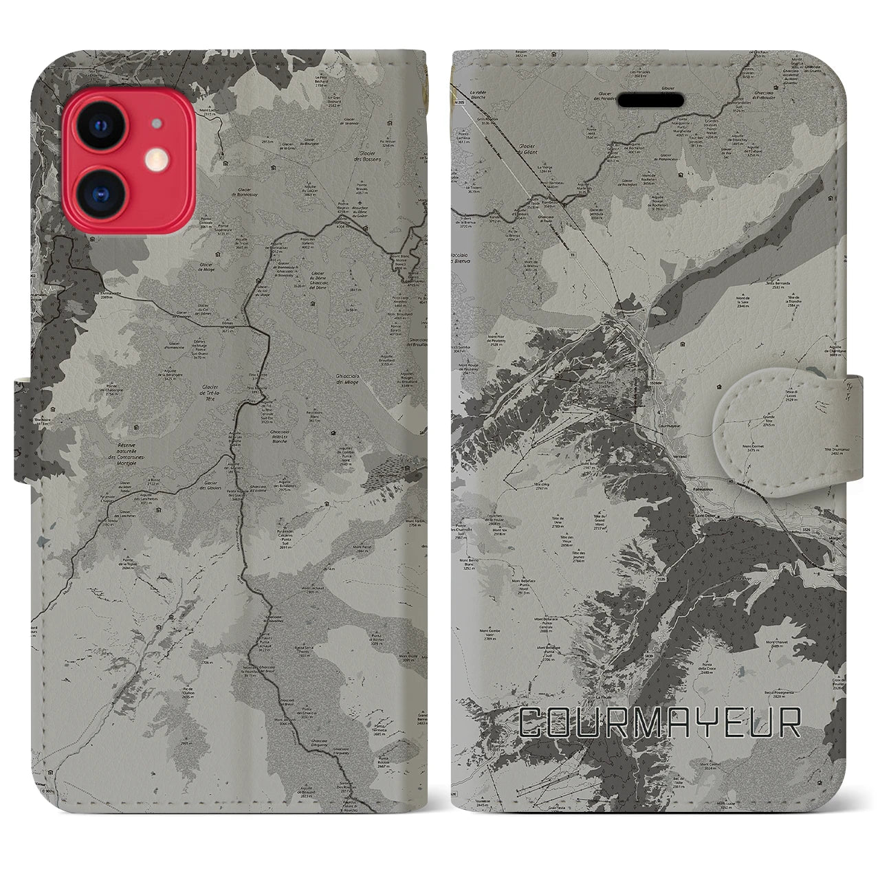 【クールマイユール(イタリア)】地図柄iPhoneケース(手帳タイプ)モノトーン・iPhone 11 用