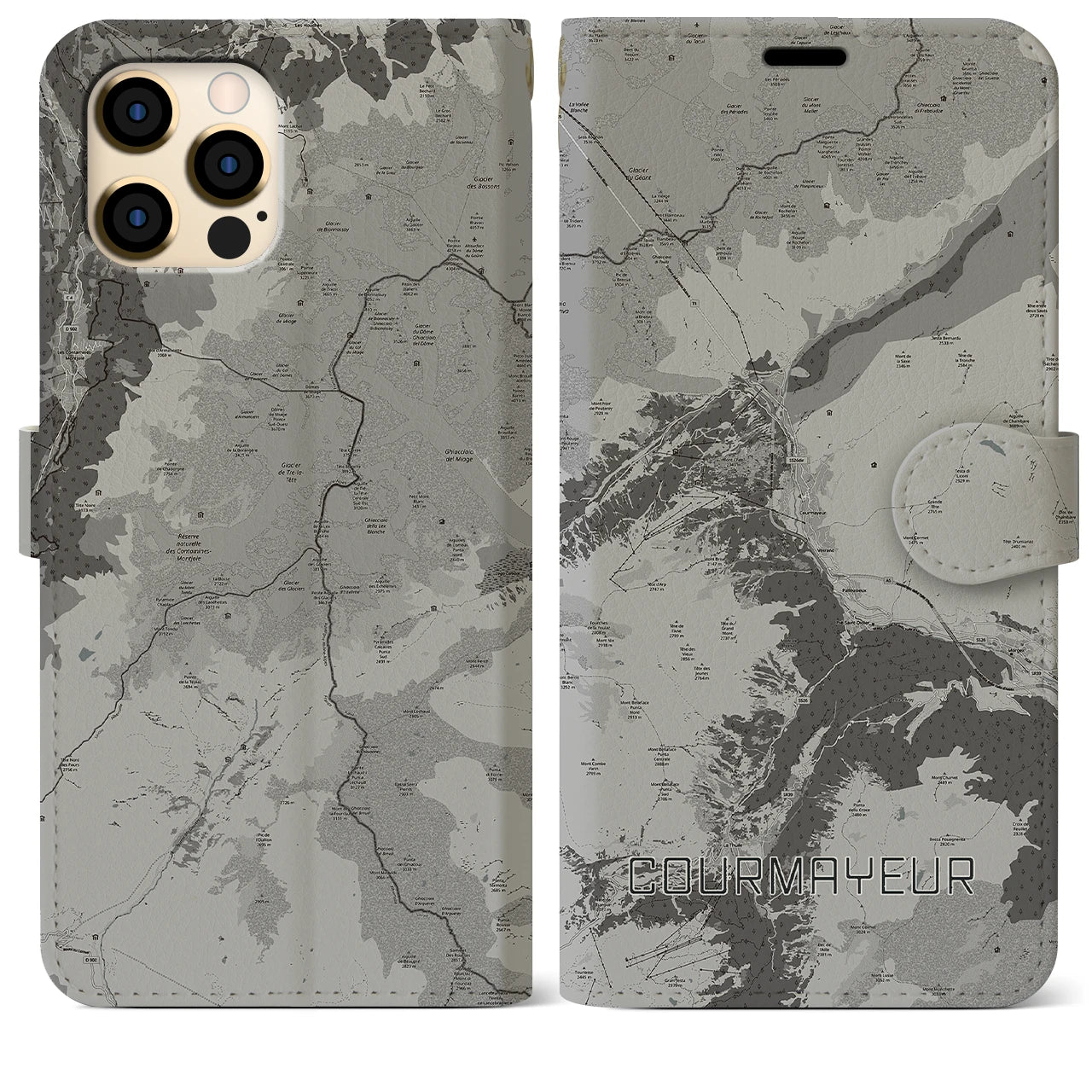 【クールマイユール(イタリア)】地図柄iPhoneケース(手帳タイプ)モノトーン・iPhone 12 Pro Max 用