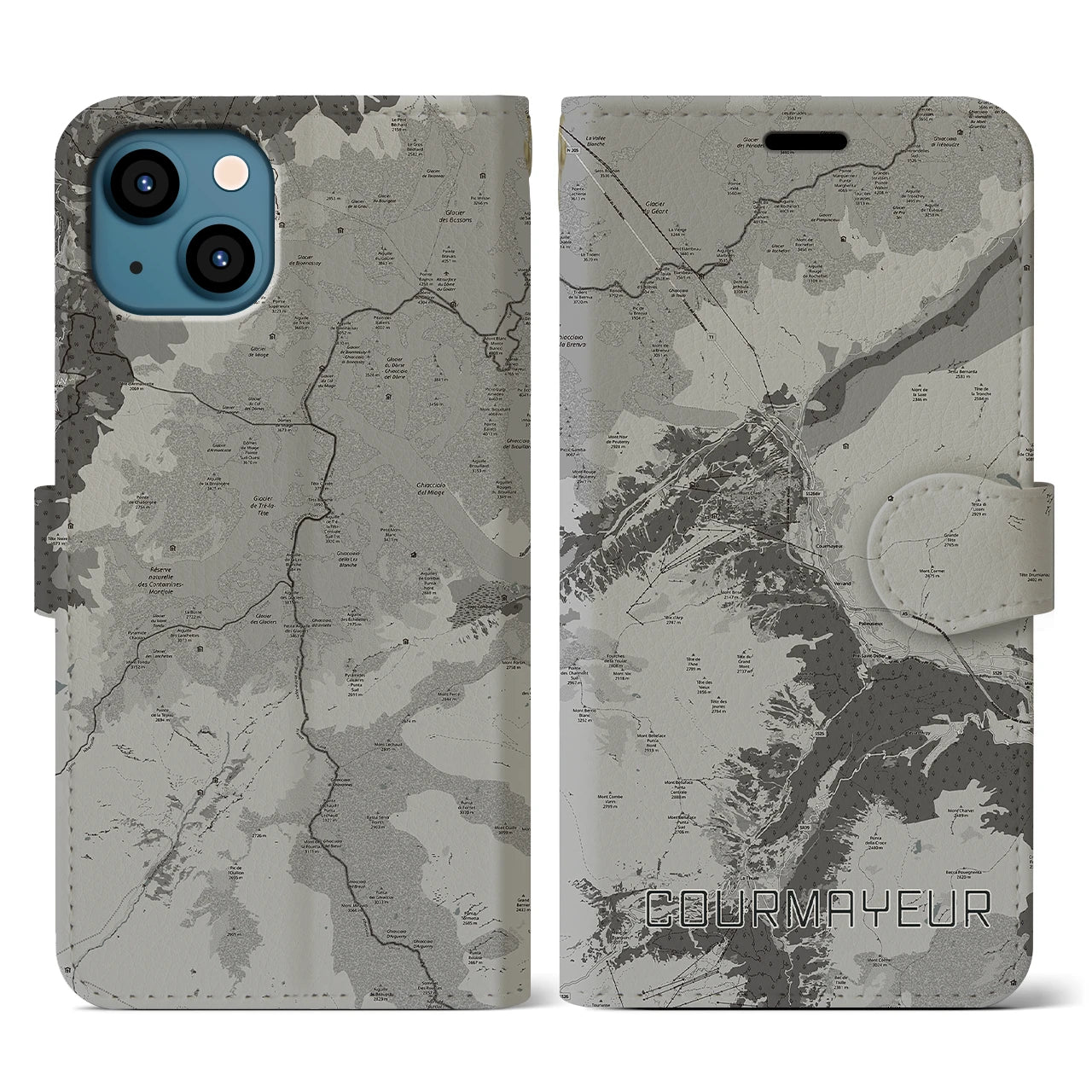 【クールマイユール(イタリア)】地図柄iPhoneケース(手帳タイプ)モノトーン・iPhone 13 用